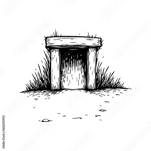 Monochrome illustration of an ancient stone structure surrounded by grass with a mysterious vibe