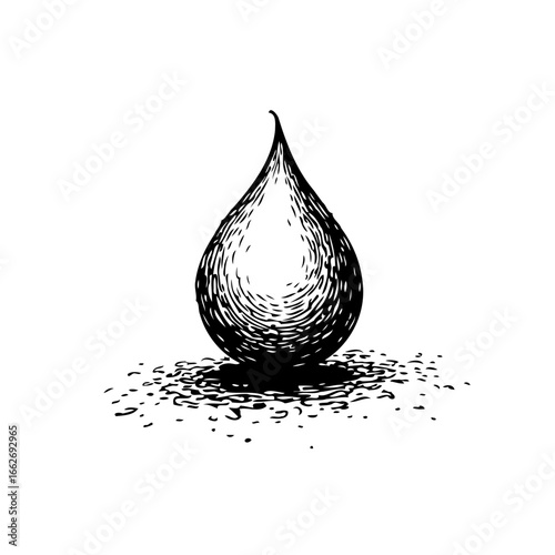 Monochrome illustration of liquid drop symbolising purity essence vital resources and graphic
