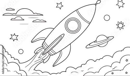 Cartoon-style Rocket Launching Amidst Clouds and Stars