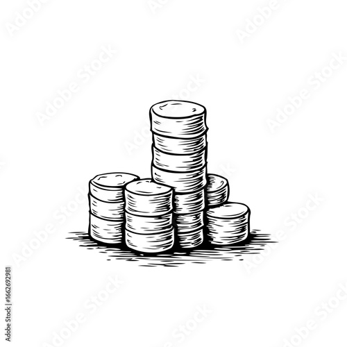 Monochrome illustration of tiered stacks resembling coins showcasing financial abundance and