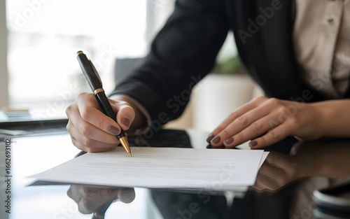 A person in a suit writing on a blank sheet of paper with a black and gold fountain pen on a desk
