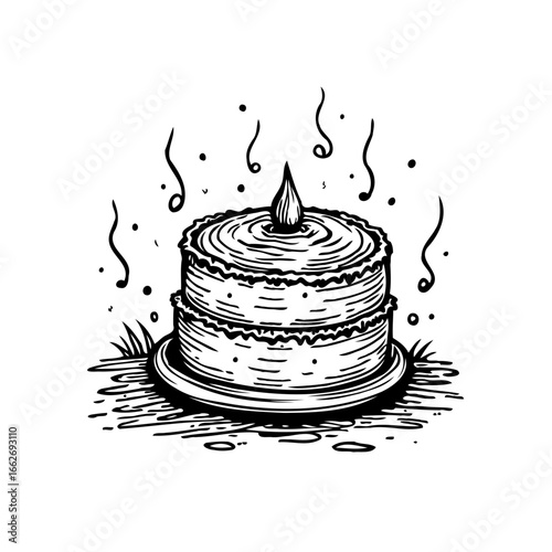 Monochrome sketch of a delightful two-layered cake with frosting and a candle emitting gentle