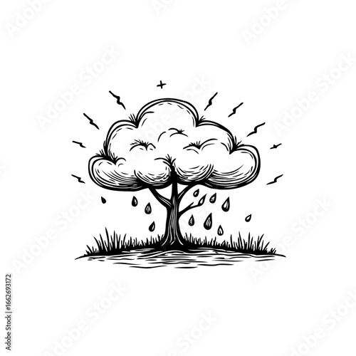 Monochrome tree illustration displaying rain and lightning representing a weather themed