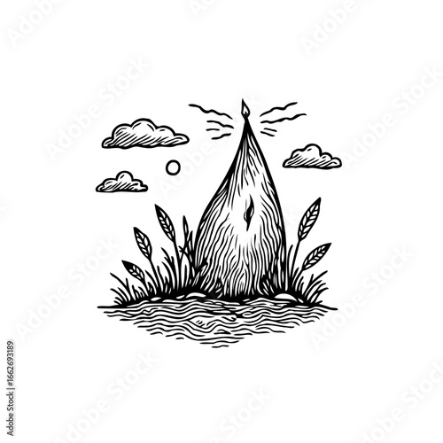 Monochrome whimsical illustration featuring a pointed structure emitting light under a cloudy sky