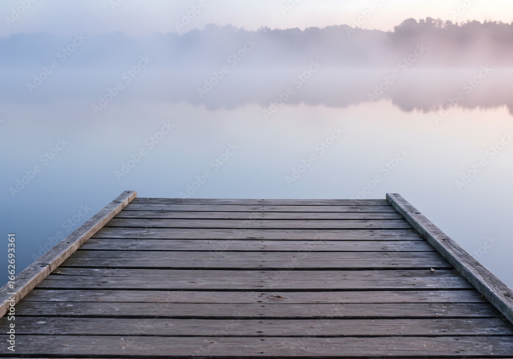 Obraz premium Mockup wooden dock on a misty lake at sunrise, serene morning atmosphere commercial usage