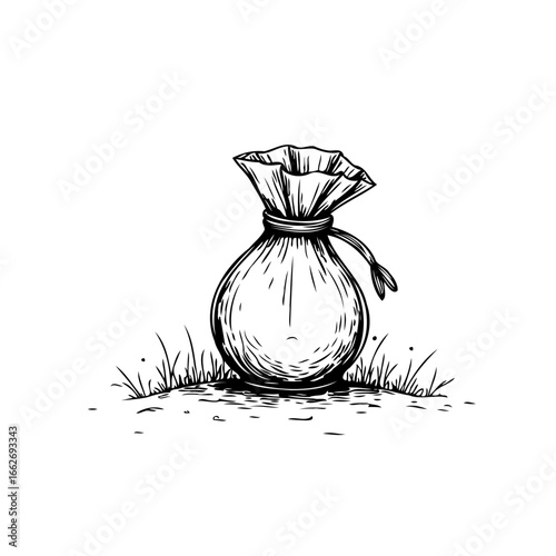 Mystical sack illustration with textured contours evoking dreams of buried treasure and fantasy