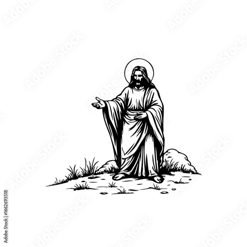 Religious figure depicted in monochrome standing on a plain with an ethereal halo above his head