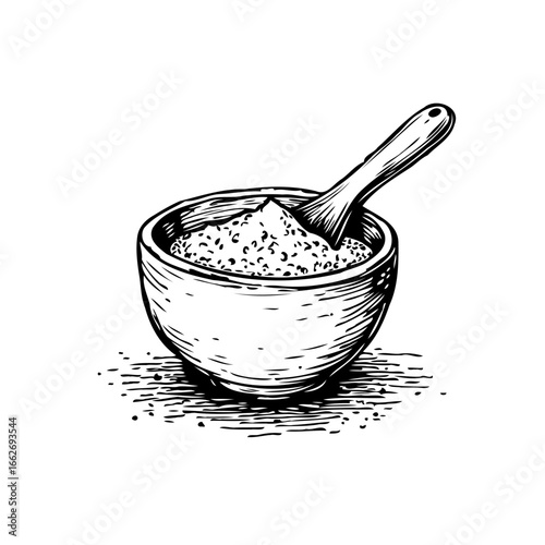 Rustic kitchenware still life drawing featuring bowl and spoon with grainy substance for culinary