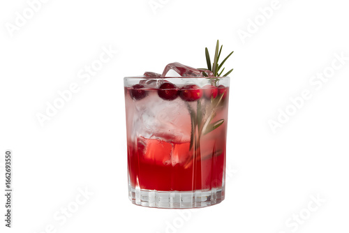 Cranberry cocktail with ice and rosemary isolated on transparent background