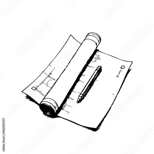 Rolled architectural design draft placed alongside a sleek writing instrument providing planning