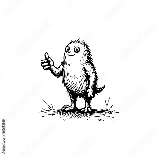 Quirky furry creature giving a thumbs up gesture a joyful approval expression in vintage sketch
