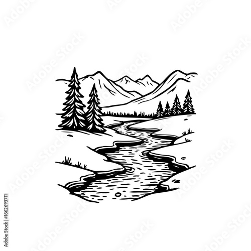 Serene monochrome depiction of a flowing river through mountains and evergreen forest scenery with