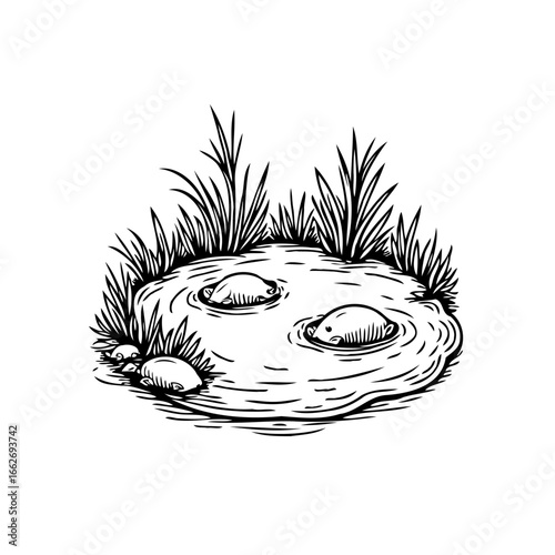 Serene pond illustration featuring rocks in rippling water and natural vegetation a quiet nature