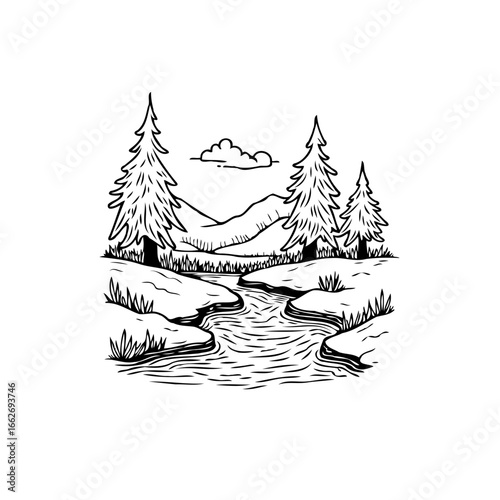 Serene river landscape with stylized trees and distant mountains illustration creating a peaceful