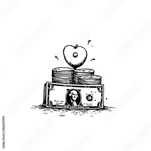 Sketch of financial health shows money combined with fruit illustrating wealth and well being