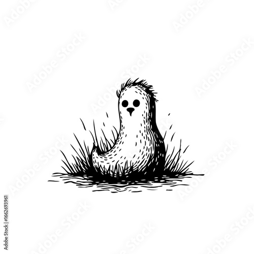 Sketchy apparition peeking through grassy tendrils a whimsical monochrome mystery for artful