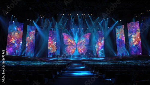 Grand stage with large screens, butterfly graphic, and spotlights
