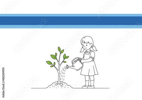 A young girl tenderly waters a small tree sapling.