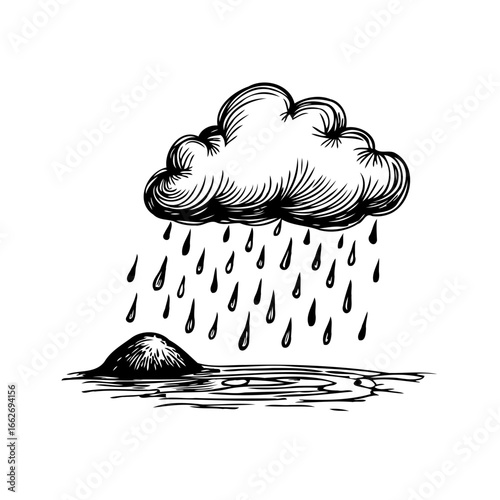 Stylized depiction of a solitary dark cloud shedding rain over a small land form and serene water
