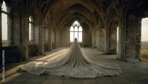 Elegant gown in ruined chapel