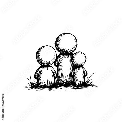 Stylized depiction of kinship unity featuring three symbolic figures arranged together on grass in
