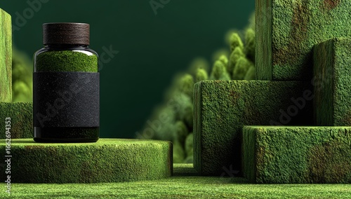 Dark green powder in a bottle, on textured green podiums, surrounded by moss-like formations