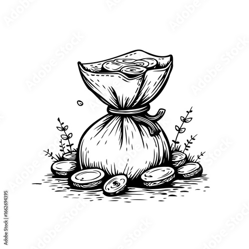 Stylized monochrome sack of coins with botanical embellishments representing prosperity wealth and