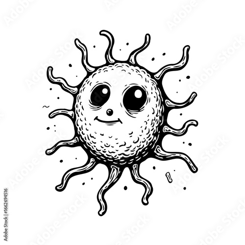 Stylized whimsical sun face illustration with expressive eyes radiating energy and playful charm