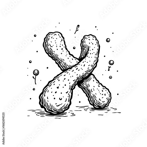 Stylized whimsical illustration of two fried chicken tenders intersecting against a dotted