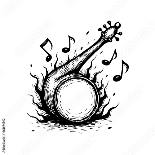 Stylized stringed instrument engulfed in artistic flames emits musical notes, evoking passion and