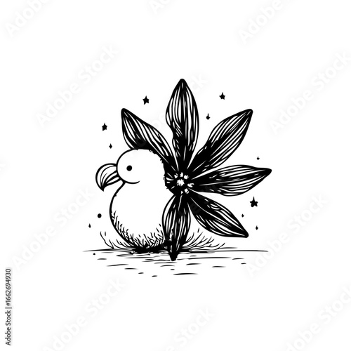 Whimsical avian creature adorned with botanical bloom sharing ethereal starry surroundings artful