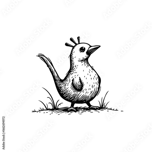 Whimsical avian sketch sitting serenely amidst gentle grass showcasing nature's delightful