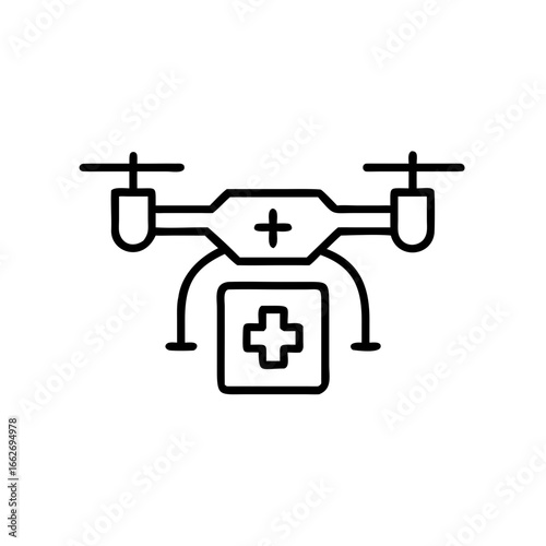Medical drone delivering supplies with first-aid symbol as icon  
