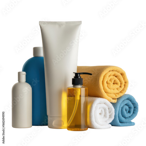 Collection of personal care products and towels isolated on transparent background