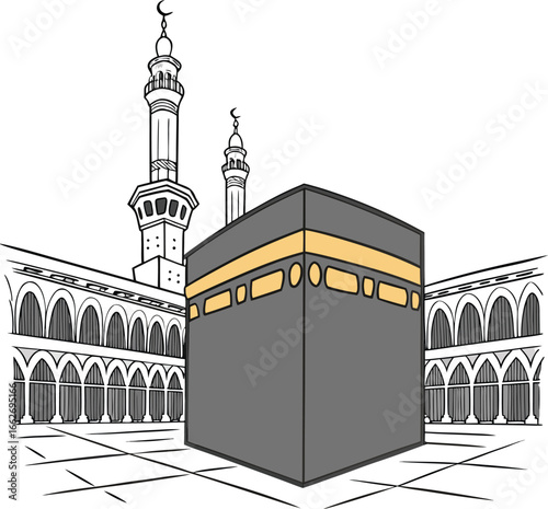 Vector of Stylized illustration of the kaaba in mecca with minarets and arches.