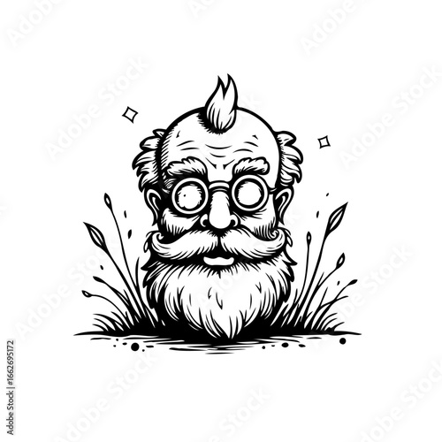 Whimsical cartoon illustration showcasing a playful character with a distinctive beard and stylish