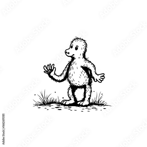 Whimsical character illustration featuring a cartoonish creature standing amidst grassy tufts in