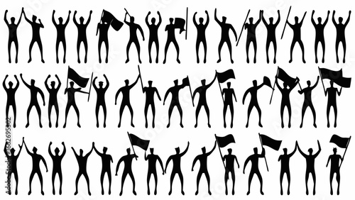 Silhouette illustration of a crowd of people cheering and waving flags in celebration or protest action