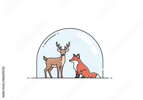 A detailed illustration of a deer and a fox standing together under a protective dome.