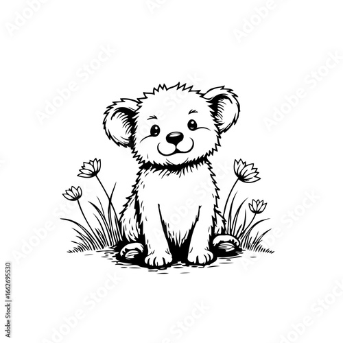Whimsical cub character in a garden setting evokes childhood innocence and playful exploration