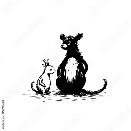 Whimsical duo of a fluffy rabbit and a bear illustration portraying animal camaraderie in