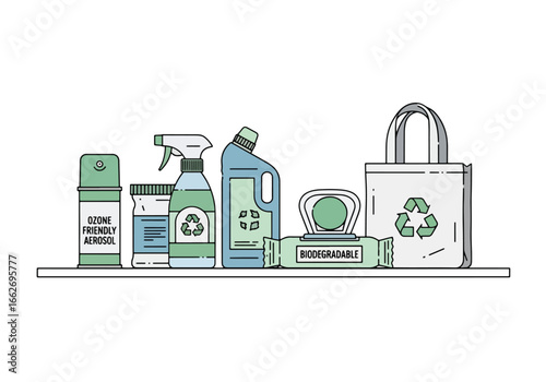 Illustration of various eco-friendly and sustainable household products, including cleaning supplies, biodegradable wipes, and a reusable shopping bag, promoting environmental responsibility.