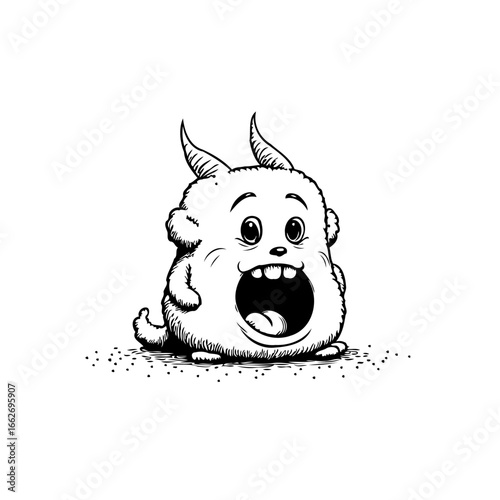 Whimsical furry creature with tiny horns expressing surprise and displaying a gaping open mouth