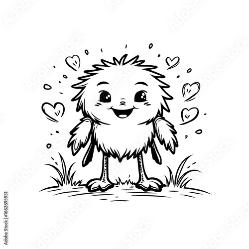 Whimsical furry friend cartoon illustration with affectionate hearts displaying warmth cuteness,