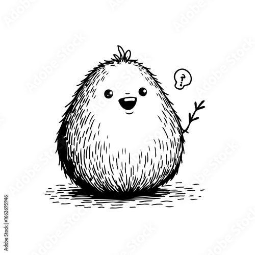 Whimsical fuzzy character posing with inquisitive thought bubble conveying joyful curiosity and