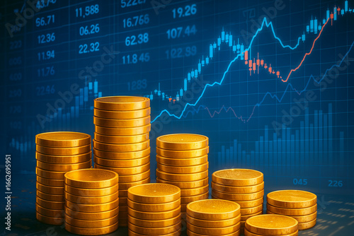 Stacks of Gold Coins with Digital Graphs – Symbol of Prosperous Digital Economy