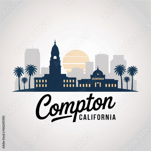 Compton Skyline Silhouette — Historic Southern California City with Palm Trees Vector Illustration