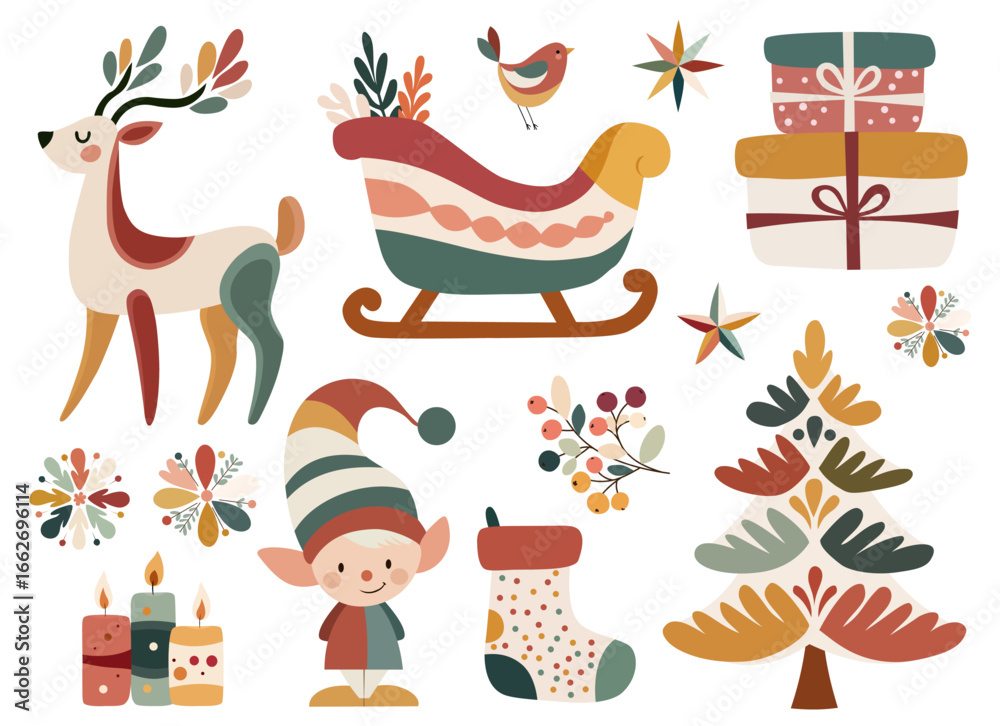 Obraz premium Naive folk Christmas clipart set with reindeer, sleigh, elf and decorated tree isolated on white for cards and crafts