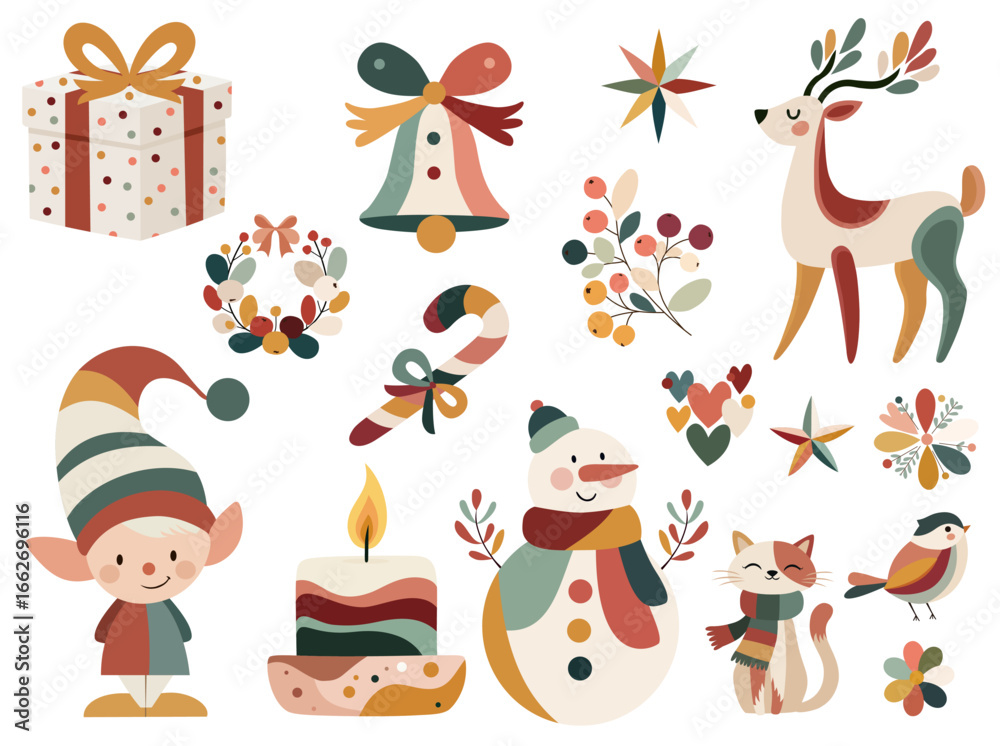 Fototapeta premium Naive folk Christmas clipart set with elf, reindeer, snowman and gifts isolated on white background for cards and stickers