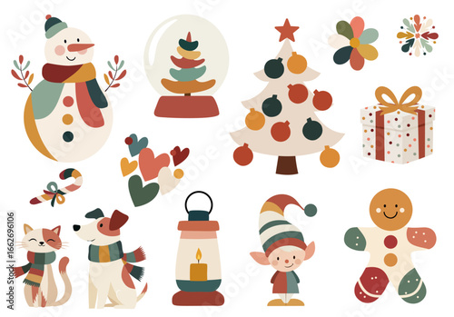 Naive folk Christmas clipart set with snowman, elf, trees and festive decor isolated on white background for stickers